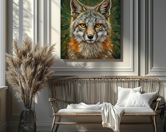 May include: A square canvas art print featuring a detailed portrait of a fox. The fox has gray fur with orange and white accents, and yellow eyes. The background is a textured green and orange. The artwork is displayed above a wicker bench.