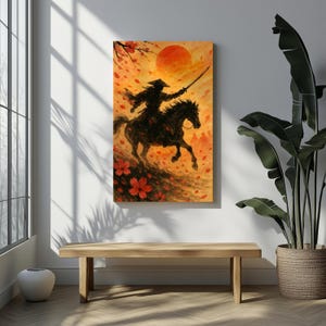 Samurai Warrior Wall Art Horseback Katana Canvas Japanese Sunset Painting Bushido Decor Gift for Him Martial Arts Home Studio