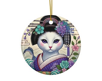 Adorno de geisha de cerámica. Elegante felino de inspiración japonesa. Decoración de kimono.
