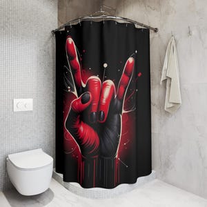 Rock Hand Shower Curtain Gothic Bathroom Decor Red Black Punk Gift for Him Heavy Metal Home Accent Alternative Music Fan Art