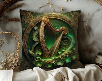 Irish Harp Pillow Cover: Celtic Shamrock Accent, St. Patrick's Day Decor