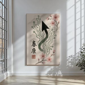 Sumi-e Circuit Board Cursor Canvas Print Japanese Ink Style Tech Wall Art Computer Science Teacher Gift Sakura Blossom Office Decor