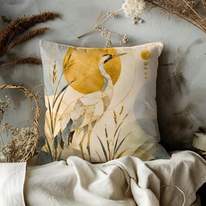 Gold-Repaired Heron Pillow Cover with before a Radiant Sun