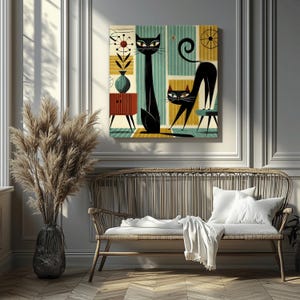 Mid Century Cat Canvas Wall Art Retro Black Cats Square Print Vintage Modern Decor for Living Room Kitchen or Gift for Cat Lover