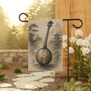 Banjo Garten Flagge Japanische Tusche Stil Musikinstrument Dekor für Veranda Volksmusik Liebhaber Geschenk Zen Garten Flagge Banjo Spieler Kunst