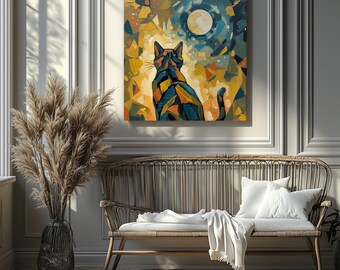May include: Square canvas art featuring a stylized cat silhouette gazing at a full moon. The cat's form is rendered in blue, orange, and yellow geometric shapes against a backdrop of a night sky. The artwork is displayed above a wicker bench.