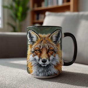 May include: A ceramic coffee mug featuring a detailed painting of a fox's face. The fox has orange and white fur with yellow eyes. The mug has a black handle and a black rim. The background is a muted green.