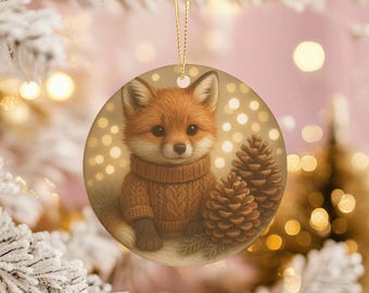 Peut inclure: Ornement de Noël rond représentant un renard mignon portant un pull en tricot torsadé. Le renard est orange et blanc, avec de grands yeux. Deux pommes de pin brunes sont à côté du renard. L'arrière-plan est de couleur chaude avec des lumières bokeh.