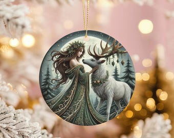 Pagan Yule Ornament: White Deer & Forest Woman Celtic Solstice Ceramic Decor
