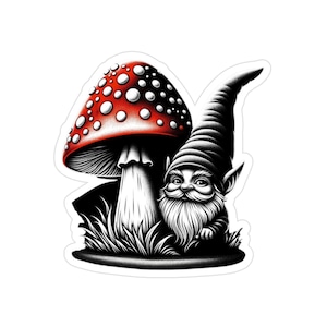 Mysterious Gnome & Mushroom Vinyl Sticker - Fantasy Die-Cut Decal, Cottagecore Water-Resistant Sticker