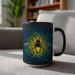 May include: A ceramic coffee mug with a black handle and rim. The mug features a detailed painting of a bee with yellow and black coloring, set against a dark blue and yellow background. The mug is white on the inside.