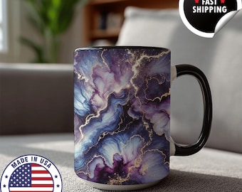 Purple Galaxy Marble Mug Abstract Floral Gold Vein Coffee Cup Cosmic Art Mug Gift for Her Mystical Night Sky Tea Lover Gift
