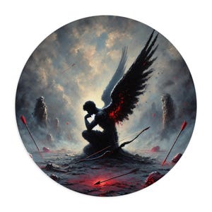 Fallen Angel Mouse Pad Round Dark Fantasy Desk Mat, Gothic Art Office Decor, Emotional Warrior Angel Gift, Grim Aesthetic Mousepad