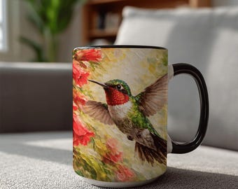 Ruby-throated Hummingbird Mug, Floral Garden Art, Birdwatcher Gift