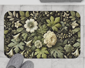 Vintage Botanical Bath Mat: Green Floral Farmhouse Decor