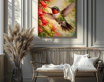 May include: A framed painting depicts a hummingbird with outstretched wings, approaching vibrant red flowers. The bird has a red throat, green back, and brown wings. The background features a soft, impressionistic blend of yellow, green, and pink.
