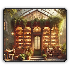 Cozy Book Café Mouse Pad Vintage Library Greenhouse Mousepad Gift for Book Lovers Cottagecore Desk Mat Warm Reading Nook Decor