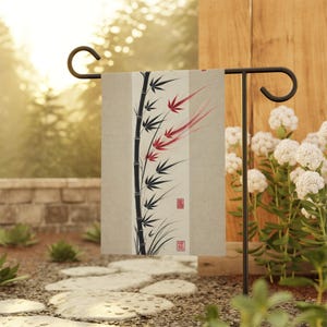 Japanese Bamboo Garden Flag: Sumi Brush Art, Zen Decor