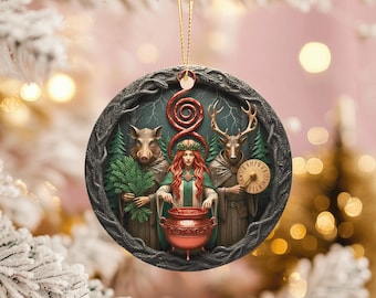 Pagan Goddess Cauldron Ceramic Ornament, Norse Yule Decor