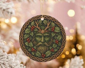 Ornement homme vert en céramique, décor de Noël païen, houx celtique, art druide, esprit de la forêt, cadeau