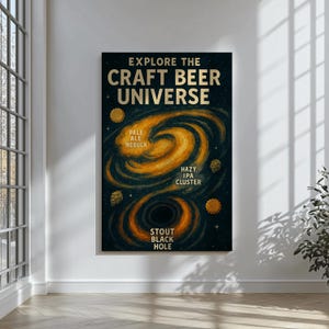 Craft Beer Universe Wall Art Funny Galaxy Style Beer Poster for Home Bar, Brewery or Man Cave | Pale Ale IPA Stout Gift