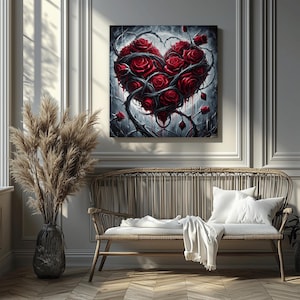 Gothic Herz Leinwand rote Rosen Dornen Wandkunst romantisch Horror Dekor gruselig Valentinstag Geschenk Goth Liebe Ästhetische Rosenblut Malerei