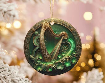 Ornement en céramique en forme de harpe celtique, décoration trèfle irlandais