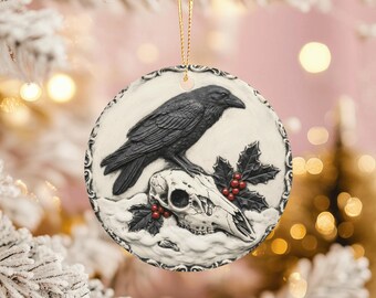 Raven and Skull Ceramic Ornament: Gothic Yule Decor