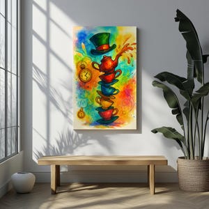 Mad Tea Party in Color Whimsical Wonderland Canvas Wall Art Rainbow Stacked Teacups, Hat and Clock Fantasy Decor for Tea Lovers