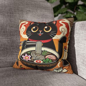 Cat and Ramen Pillowcase Cute Japanese Noodle Cushion Cover Cartoon Cat with Ramen Bowl Decor Fun Asian Food Lover Gift