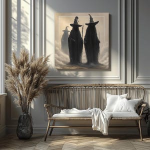 Dark Witch Trio Canvas Art Gothic Misty Wizards Fantasy Magic Wall Print Halloween Witch Decor Gift for Her or Occult Aesthetic Fans