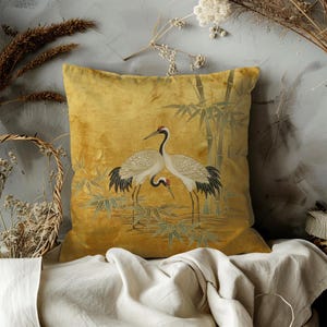 Two Cranes Bamboo Pillow Case, Oriental Zen Home Decor