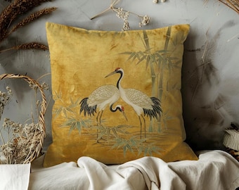 Two Cranes Bamboo Pillow Case, Oriental Zen Home Decor