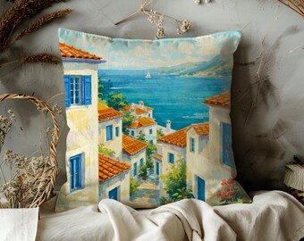 Greek Island Village Pillow Case | Mediterranean Coastal View Throw Pillow Cover | Summer Travel Decor