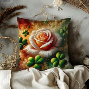 Rose and Shamrock Pillow Cover St Patrick&#39;s Day Floral Cushion Lucky Clover Throw Pillow Romantic Irish Decor Vintage Floral Accent