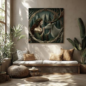 Celtic Forest Goddess Canvas Art: Moonlight Stag, Pagan Decor