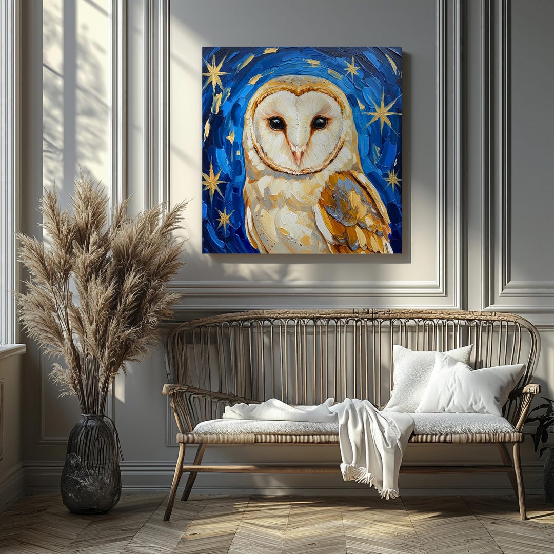 Barn Owl Canvas Print | Starry Night Impasto Style Wall Art - Etsy