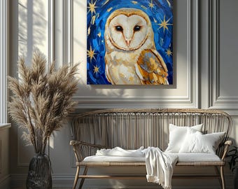 May include: Square canvas art featuring a detailed painting of a barn owl against a blue background with gold stars. The owl has white and tan feathers, with dark eyes. The artwork is displayed above a wicker bench with white pillows and a blanket.