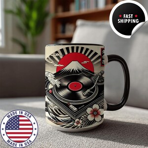 Japanese Vinyl Record Mug Turntable Mount Fuji Coffee Cup Retro Music Art Gift for Him DJ Lover Wave Style Ceramic Mug