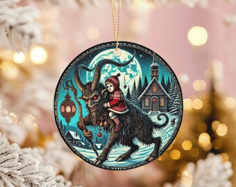 Krampus and Child Ceramic Ornament: Gothic Christmas Decor