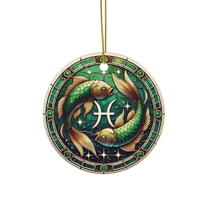 Pisces Zodiac Ceramic Ornament | Astrology Gift with Koi Fish & Celestial Green Design | Horoscope Holiday Decor