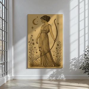 Greek Goddess Artemis Wall Art Mythology Print Moon Goddess Drawing Boho Pagan Decor Divine Feminine Archery Poster Gift for Her