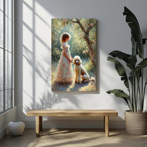 Girl with Poodle Wall Art Romantic Dog Painting Floral Garden Print French Country Decor Vintage Style Dog Lover Gift for Her