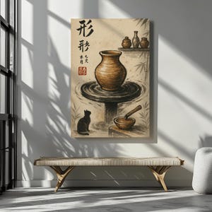May include: A framed artwork depicting a pottery wheel with a vase in the center. A black cat sits below the wheel. The artwork has Japanese text on the left side and a neutral color palette.
