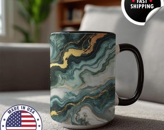 Blue Marble Mug with Gold Veins Elegant Abstract Coffee Cup Luxury Art Mug for Her Teal Gray Stone Pattern Kitchen Gift