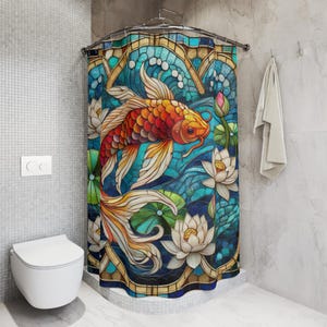 Stained Glass Style Koi Fish Shower Curtain Lotus Pond Japanese Art Bathroom Decor Zen Nature Gift