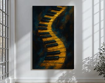May include: A large canvas art print depicting a stylized piano keyboard. The keys are arranged in a curved, wave-like design, with golden yellow and black keys set against a dark blue and black backdrop. The artwork suggests musical flow.