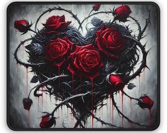Gothic Rose Heart Mouse Pad  Dark Aesthetic Desk Mat, Black Thorn Art Gift, Bloody Red Rose Mousepad, Valentine&#39;s Goth Decor for Her