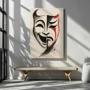 Comedy Tragedy Mask Canvas Wall Art Drama Theater Decor Gift for Actor Performing Arts Poster Ink Brush Style Greek Theater