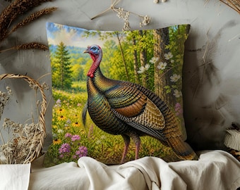 Bold Wild Turkey Pillow Case | Colorful Forest Turkey Throw Pillow Cover | Textured Woodland Nature Home Decor